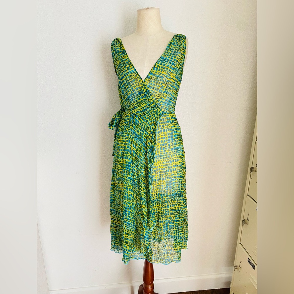 VTG 90s Y2K BETSEY JOHNSON Midi Long Snake Sheer Blue Yellow Dress Small Silk